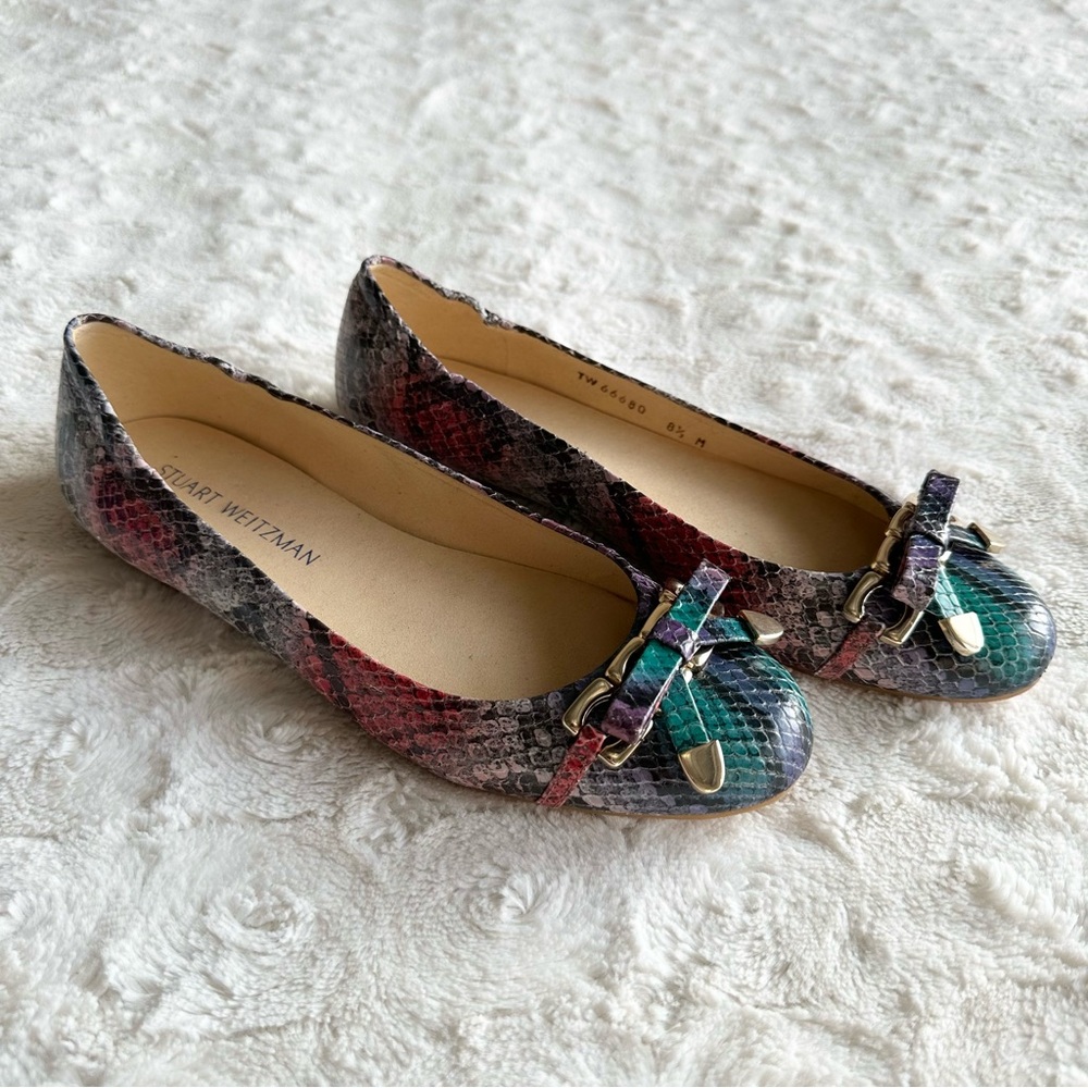 Vintage Stuart Weitzman Flats Shoes Womens 8.5 Pink Snakeskin Leather Bow NIB